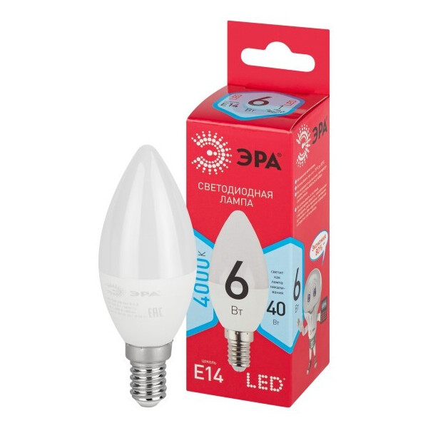 Лампочка ЭРА RED LINE LED B35-6W-840-E14 R