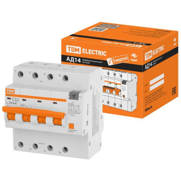 Дифференциальный автомат TDM АД14 4P C32 30мА 4.5кА тип АС SQ0204-0136