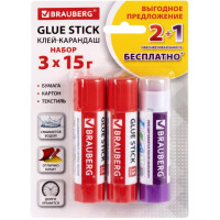 Клей-карандаш BRAUBERG 229474 15 г (2+1 обесцвечивающийся)