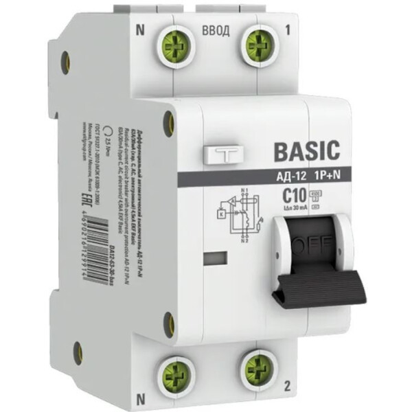 Дифференциальный автомат EKF Basic АД-12 1P+N 10А 30мА АС C 4.5кА