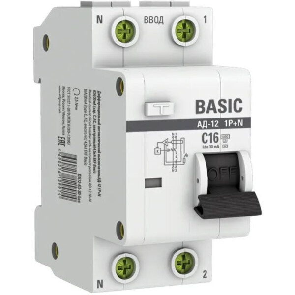Дифференциальный автомат EKF Basic АД-12 1P+N 16А 30мА АС C 4.5кА