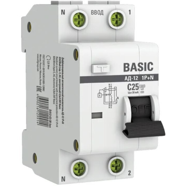 Дифференциальный автомат EKF Basic АД-12 1P+N 25А 30мА АС C 4.5кА