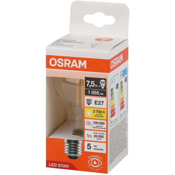 Лампа светодиодная филаментная OSRAM A100 7,5W 3000K E27 Лампа светодиодная филаментная OSRAM A100 7,5W 3000K E27