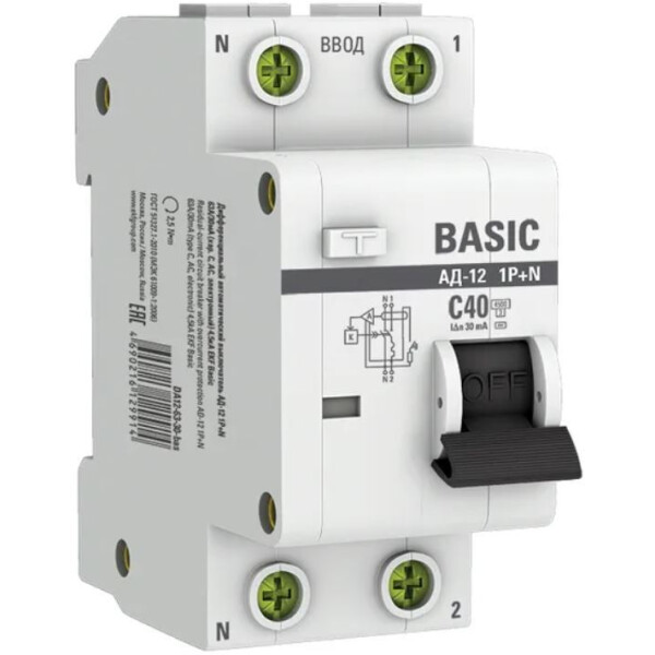 Дифференциальный автомат EKF Basic АД-12 1P+N 40А 30мА АС C 4.5кА