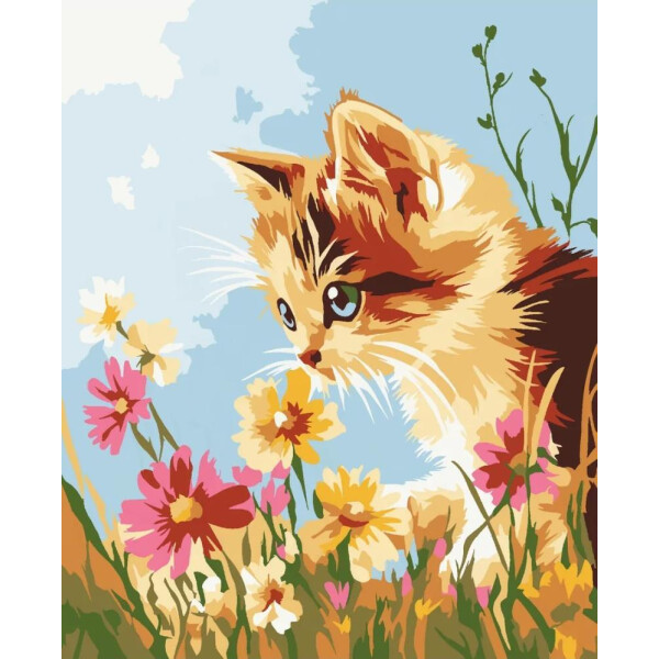 Картина по номерам WIZARDI MINI317 "Kitten in flowers" 12 цв., 13*16