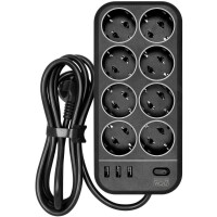 Сетевой фильтр Powercom SP-08 USB03AB (1.8 м, 8 розеток, черный)