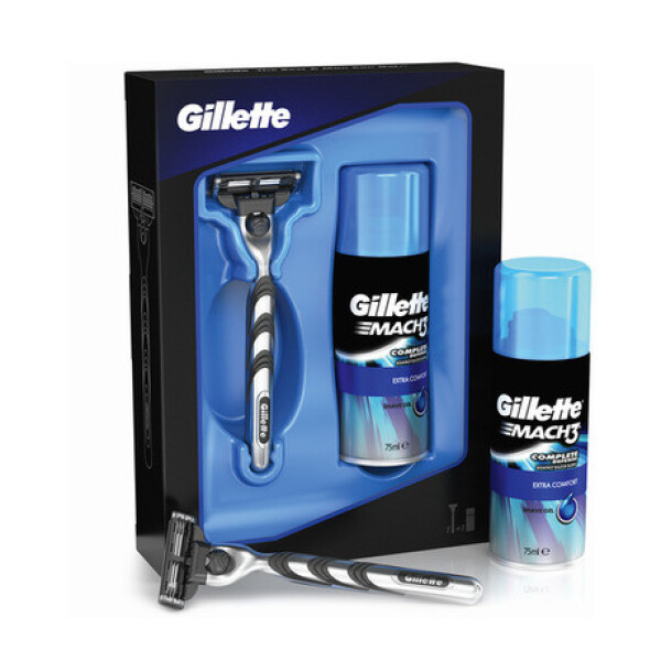 Набор GILLETTE Mach3: Бритва Turbo с 2 сменными кассетами + Гель для бритья Экстракомфорт 75 мл + футляр