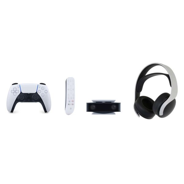 

Аксессуары для Playstation 5 SONY, Аксессуары для PlayStation 5: беспроводной контроллер DualSense, ПДУ мультимедиа, HD-камера, беспроводная гарнитура PULSE 3D