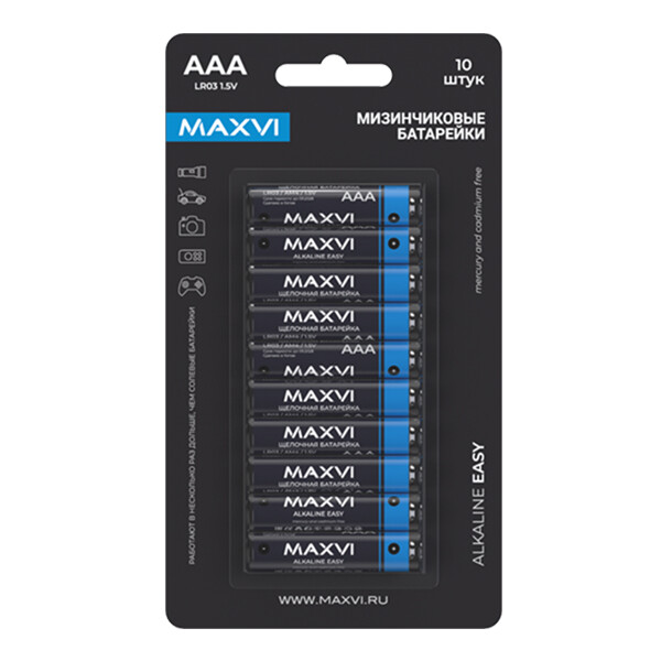 Щелочная батарейка Maxvi MBLR03ES10 AAA, alkaline, 10 шт Щелочная батарейка Maxvi MBLR03ES10 AAA, alkaline, 10 шт