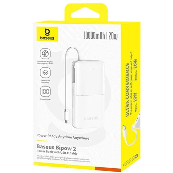 Внешний аккумулятор Baseus Bipow 2 Digital Display Power Bank With Built-in USB-C Cable 10000mah 20W (белый) Внешний аккумулятор Baseus Bipow 2 Digital Display Power Bank With Built-in USB-C Cable 10000mah 20W (белый)