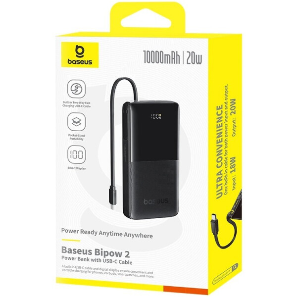 Внешний аккумулятор Baseus Bipow 2 Digital Display Power Bank With Built-in USB-C Cable 10000mah 20W (черный) Внешний аккумулятор Baseus Bipow 2 Digital Display Power Bank With Built-in USB-C Cable 10000mah 20W (черный)