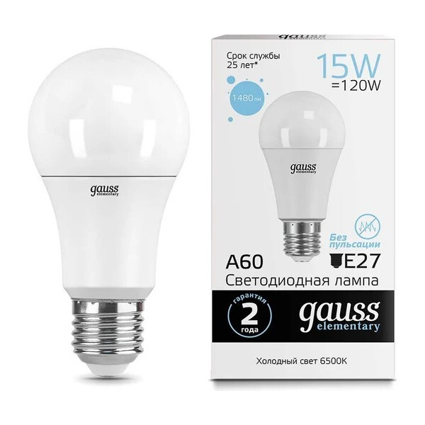 Лампа Gauss LED Elementary А60 E27 15 Вт 6500 K