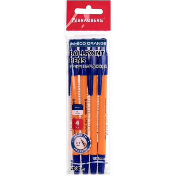 Ручки шариковые Brauberg M-500 Orange, узел 0,7мм, линия 0,35мм, набор 4 шт (143950) синие Ручки шариковые Brauberg M-500 Orange, узел 0,7мм, линия 0,35мм, набор 4 шт (143950) синие